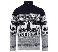 Gullfoss 2 Nordic Fair Isle Jacquard Knit Jumper with Quarter Zip Funnel Neck in Ink - Merry Christmas - L
