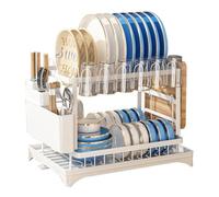 GullJee 2 Tier Dish Drainer, Dish Drying Rack With Drip Tray & Cup Holder, Stainless Steel Dish Rack, Utensil and Cutting Board Holder, Rustproof Sink Drainer Rack for Kitchen Countertop (White)