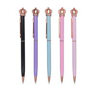 Gullor 5 Piece Black Ink Ballpoint Pen Retractable Medium Point Pen Stainless Steel Barrel with Crown Top Decor for School Office, Multicolor B