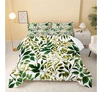 GULUZAI Super King Duvet Set Green, Leaf Pattern, 3 Pieces, Super King Size 260x220cm, Comfortable Spring and Autumn Comforter with 2 Pillowcases
