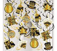 GULWAT Happy New Year Decorations 2026 Hanging Swirls 40 PCS Pre-Strung Ceiling Black Gold Hanging Swirls Decor for Home Office 2026 New Years Eve Party Ceiling NYE Decorations Supplies