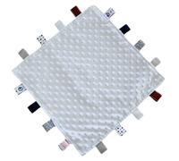 Gum & Berries Baby Taggie Comforter Baby Comfort Blanket with Sensory Tags and Bubble Soft Touch Foil Print Pattern Soft Sherpa Satin Back Pram Blanket Crib Wrap White 35 cm x 35 cm