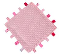Gum & Berries Baby Taggie Comforter Baby Comfort Blanket with Sensory Tags and Bubble Soft Touch Foil Print Pattern Soft Sherpa Satin Back Pram Blanket Crib Wrap Pink 35 cm x 35 cm