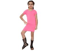 Gum & Berries Girls Bodycon Dress Midi Plain Long Dresses Stretch Round Neck Short Sleeve Outfit Neon Pink - 7-8 Years