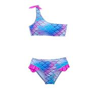 Gum & Berries Girls Two-Piece Bikini Set, Fish Scale Printed One Shoulder Bathing Suit, Summer Beach Sport Swimwear Holiday Blue One Shoulder Fish Scale 11-12 Years