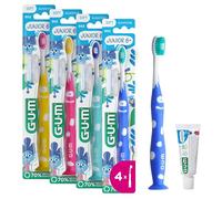 GUM Junior Manual Toothbrush | for Children Aged 6+ | Cushioned Head | Soft bristles | Non-Slip Grip Handle | Free-Standing Design | 1 piece | 4 x 1 Pieces (with 1 Bonus Sample)