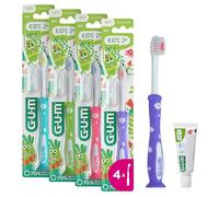 GUM Kids Manual Toothbrush | for Children Aged 2-6 | Small Cushioned Head | Soft bristles | Non-Slip Grip Handle | Free-Standing Design | 4x1 Pieces (with 1 Bonus Sample)