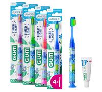 GUM Light-UP Toothbrush | Flashing Timer | Helps Children Brush for The Right time | Soft bristles | Suction Cap | 1 Piece | 4 x 1 Pieces (with 1 Bonus Sample)