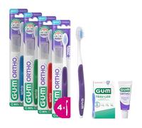 GUM Ortho Manual Toothbrush | V-Shaped Soft bristles | for Cleaning Braces | Non-Slip Handle | Travel Cap | 4x1 Pieces (with 2 Bonus Samples)
