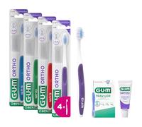 GUM Ortho Toothbrush | Compact Head with V-Shaped Soft bristles | for Cleaning Brackets and Wires | Non-Slip Grip Handle | 4 x 1 Pieces (with 2 Bonus Samples)