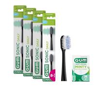 GUM Sonic Daily Replacement Heads for Battery Powered Toothbrush | x4 Packs of 2 (x6 Refill Heads in Total) | Black +1 Bonus Sample