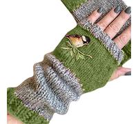 GUMEI Women Winter Knitted Fingerless Gloves Bird Embroidered Color Block Splice Half