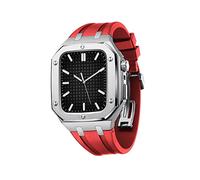 GUMMMY Military Metal Case Mod Kit Accessories,For Apple Watch Series 9 8 7 SE 6 5 4 Metal Protective Cover Case With Silicone Strap Shockproof Bumper 45mm 44mm(Silver Red,44mm)