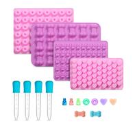 Gummy Candy Moulds, 4 Pcs Silicone Chocolate Mould with 4 Droppers, Non-Stick Craft Molds for Caramels, Ganache & Resin Crafts, Ice Cubes, Bone Bear Donut Heart Shape Included