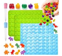 Gummy Candy Silicone Molds - 4 Pack, 228 Mini Cavities, Non-Stick & BPA-Free - Dinosaur & Fruit Snack Molds with 2 Droppers - Perfect for Gummies, Chocolates, Ice Cubes & More. by
