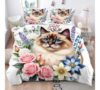 Gumntun Bedding Set King 240x220 cm Animal Cat With Flowers, Fashionable Patterns and Unmatched Comforter Cover Set, Microfiber Quilt Cover with 1 Duvet Cover 94"x 86" & 2 Pillowcases 19" x 29"_B14873