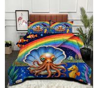 Gumntun Comforter Insert King Size Blue Rainbow Octopus, Double Bed Down Alternative Quilt, Ultra-Soft Plush Breathable 3 Psc Duvet 90"x 86" (230x220cm) + 2 Pillowcases 19" x 29" (50x75cm)_B11878
