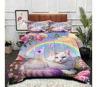 Gumntun Comforter Insert Super King Size Rose Rainbow Cat, Lightweight Down Alternative Duvet, Fluffy Microfibre Super King Quilt for Kids, Teens, and Adults 102"x 86" (260x220 cm)_B11922