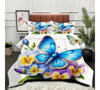 Gumntun Comforter Set 3 Psc Double Blue Butterfly Flower, Lightweight Skin Friendly Quilt, Double-Stitched Duvet Double Size 78"x 78" (200x200 cm) with 2 Pillowcases 19" x 29" (50x75cm)_B3747