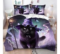 Gumntun Duvet Cover Single Purple Cat Halloween, 3D Print Single Size Bedding Sets with 2 Pillowcase, Soft Easy Care Quilt Cover with Zipper Closure, 53"x 79" (135x200 cm)_20614a