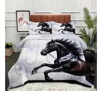 Gumntun Duvet Single Size 3D Black Animal Horse, Soft & Breathable Single Comforter, Touch Feels Like Down Microfibre Polycotton Quilt for All Season, 2 Pillowcases 19" x 29" (50x75 cm)_B15116