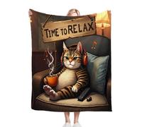 Gumntun Flannel Blanket King Size 230 x 270 cm, Cat Listening to Music, Microfiber Sofa Throws for Bed Chairs Office, Fluffy Throws for Bed Sofa Couch, 90x106 Inch d177