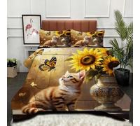 Gumntun King Duvet Comforter Insert Brown Sunflower Cat, Comfortable Ideal Down Comforter for All Season, Microfibre Quilt with 2 Pillowcases (1 Duvet 94"x 86"+2 Pillowcases 19" x 29")_B11807
