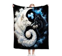 Gumntun Throw Blankets Single Size 130x150 White Wolf and Black Wolf, Microfiber 3D Printed Flannel Sofa Blankets, Cozy Warm Fuzzy Blanket Gifts for Dad Mom Kids Pet Friends or Couples_B5344