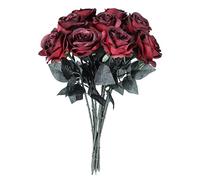Gumolutin 10PCS Artificial Silk Rose Flower Bouquet Fake Vintage Roses with Long Stems for Wedding Party Home Funeral Decoration. Red-Black