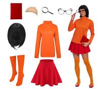 Gumyawl Halloween Costume for Women Classic Movie Costumes with Orange Turtleneck Top Bob Wig 8Pcs Adult Cosplay Set(X-Large)