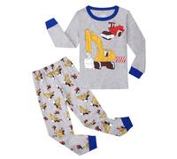 Gumyoss Boys Pyjamas Set Kids Pjs Excavator Truck Clothes Long Sleeve Cotton Winter Nightwear Sleepwear 2 Pcs 9-10 Years, Grey/Excavator