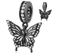Gun Black Butterfly Pendant Charms fit Pandora Insect Bracelet, 925 Sterling Silver Mariposa Dangle Fly Butterflies Bead with CZ, Gifts for Valentines Day/Granddaughter/Niece