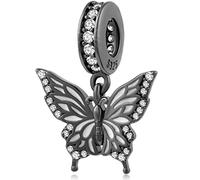 Gun Black Dancing Butterfly Pendant Charms, fits Women Insect Bracelet, 925 Sterling Silver Clear CZ Dangle Mariposa Beads, Gifts for Sister/Animal Lover/Valentines Day