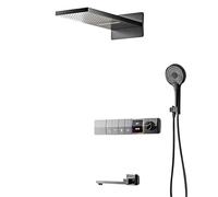 Gun Gray Brass Shower System Intelligent LED Digital Display Design, Wall Mounted Dual Control Cold & hot 4-Function Tap(Brushed Nickel)