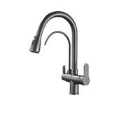 Gun Gray Kitchen Faucet with Double Handle, Bridge Mount Water Purification Tap, 2 Swivel Spouts, Modern Sink Mixer Faucet for Home Use