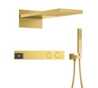 Gun Grey Brass Constant Wall Temperature Shower System LED Digital Display Cold & Hot Water Wall Mounted Bathroom Faucet(Brushed Gold 01)