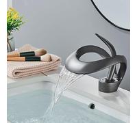 Gun Grey Single Handle Waterfall Basin Faucet - Solid Brass Bathroom Mixer Tap with Creative Hollow Design - Modern Sink Tap for Stylish Bathroom Decor