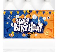 Gun Happy Birthday Backdrop, 5.9x3.3ft Dart Battle Photo Background Banner with Rope Blue and Yellow Hanging Wall Decorations for Boys Kids Teens Dart War Themed Birthday Party Supplies
