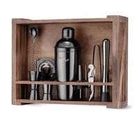 Gun-Metal Black 11-Piece Cocktail Shaker Set - Mixology & Craft Cocktail Maker w/ Rustic Wooden Stand - Bartender Kit and Mixer Gift Set