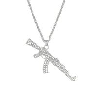 Gun Necklace for Men Women Titanium steel Full drill CZ Machine Gun Charm Pendants Silver and Gold Plated Hip hop Submachine Gun Pendant Necklaces Rifle Shape Army Style Gun Pendent Necklace Fashion