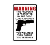 Gun Signs This Home is Protected By Lord and Gun Rust Free,Weather/Fade Resistant,Easy Mounting,Indoor/Outdoor Use Metal Gun Sign 12x8 inches