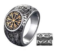 Gungneer Vegvisir Runic Viking Compass Ring for Men Women, 316L Stainless Steel, Bonus Gift Rune Bead