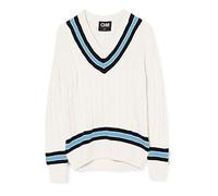 Gunn & Moore GM | Cricket Sweater Pullover | Classic Heavy Cable Knit | Long Sleeve | Cream with Navy Blue & Sky Blue Trimmed Collar | Medium to fit chest 38-40"