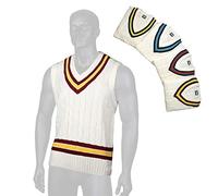 Gunn & Moore GM Cricket Sweater Jumper Slipover | Classic Heavy Cable Knit | Sleeveless | Cream with Green & Gold Trimmed Collar | Small Junior to fit Chest 27"