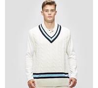 Gunn & Moore GM | Cricket Sweater Jumper Slipover | Classic Heavy Cable Knit | Sleeveless | Cream with Navy Blue & Sky Blue Trimmed Collar | XXL to fit Chest 46"