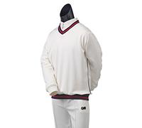 Gunn & Moore GM | Cricket Sweater Pullover | Teknik - Shell Fabric with Fleece Lining | Long Sleeve | Off White with Navy Blue & Red Trimmed Collar & Hem | XXL to fit chest 46"