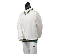 Gunn & Moore GM | Cricket Sweater Pullover | Teknik - Shell Fabric with Fleece Lining | Long Sleeve | Off White with Green & Gold Trimmed Collar & Hem | Medium to fit chest 38-40"