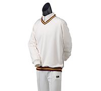 Gunn & Moore GM | Cricket Sweater Pullover | Teknik - Shell Fabric with Fleece Lining | Long Sleeve | Off White with Maroon & Amber Trimmed Collar & Hem | Small to fit chest 36"