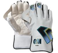 Gunn & Moore GM Cricket Wicket Keeper Keeping Gloves | Aion | Cotton Lining & Pimple Rubber Palm | PVC Faux Leather Back of Hand | Small Junior | 1 Pair | White, Cyan & Fluro with GM Logo