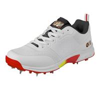 Gunn & Moore GM | Rival Steel Spike Cricket Shoes | Breathable Lightweight Knitted Mesh Upper | Arch Support Grip Comfort & Reduce Fatigue | Moulded Pimples | Size UK Junior 2 EU | White Red & Fluro